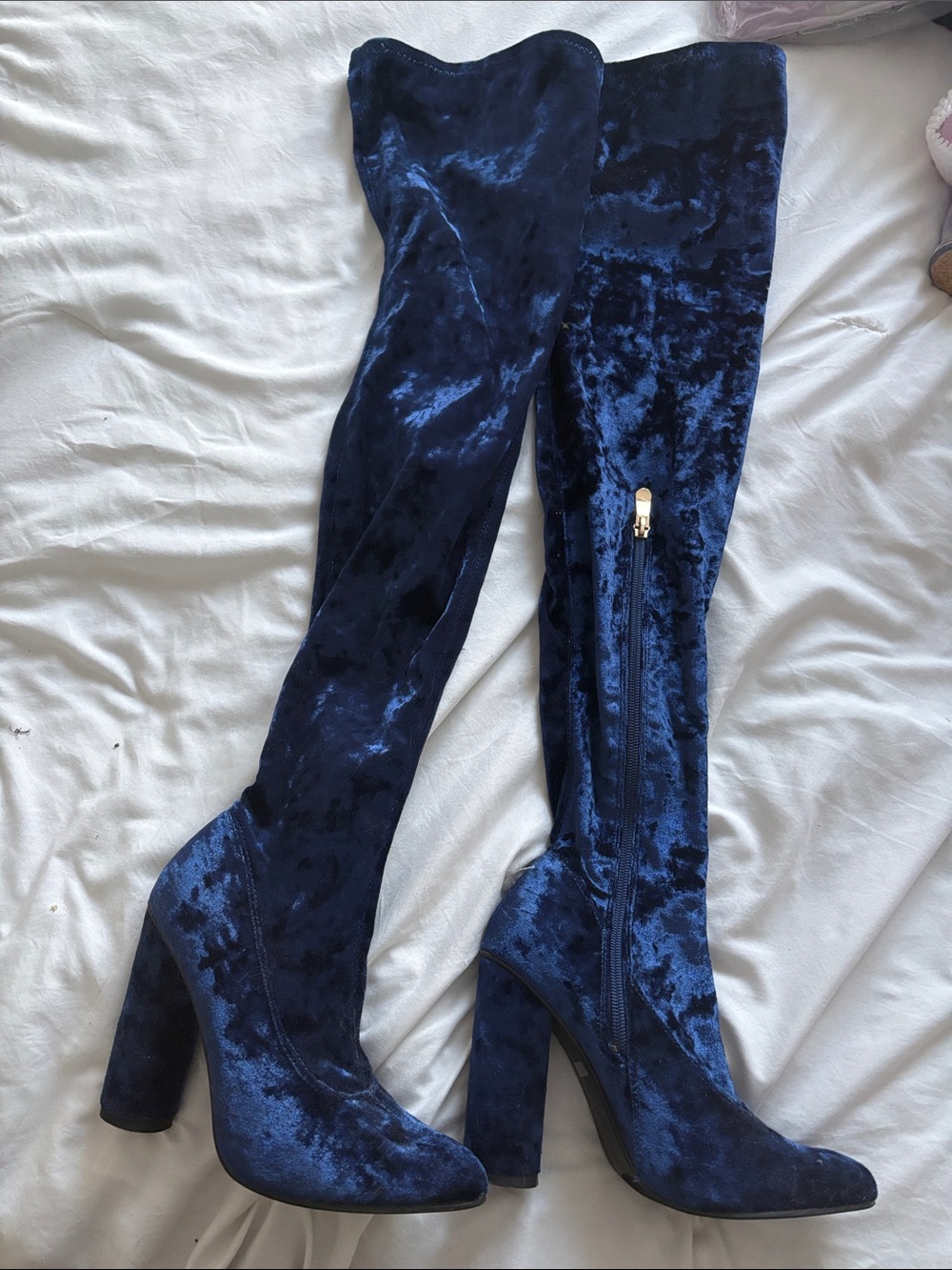 Over-the-Knee Velvet Block Heel Boots - Navy